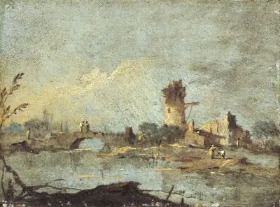 Caprice rustique, avec pont et tour en ruine av Francesco Guardi