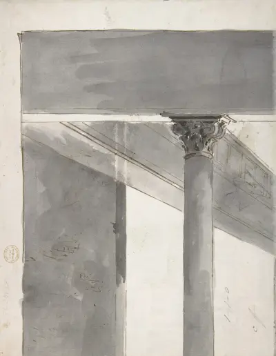 Fragment av en större teckning föreställande en del av en kolonn och en kornisch av Francesco Guardi