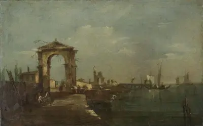 Landscape with a Quay and Ships on a Lake av Francesco Guardi