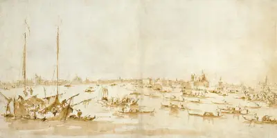 Panoramavy över Bacino di San Marco, uppför Giudeccakanalen av Francesco Guardi