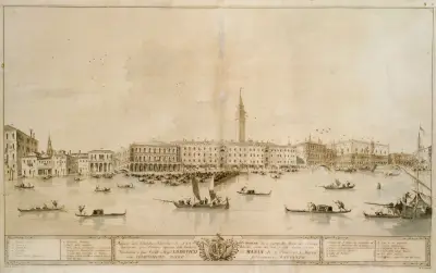 Panorama över Venedig från Bacino di San Marco, med projektet för det föreslagna Teatro Manin av Francesco Guardi