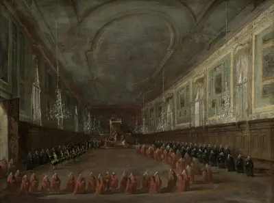 Pope Pius VI Descending the Throne to Take Leave of the Doge in the Hall of SS. Giovanni e Paolo, 1782 av Francesco Guardi
