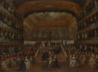 Das Innere des Teatro San Benedetto in Venedig mit dem Ball von 1782 zu Ehren der „Conti del Nord“ von Francesco Guardi