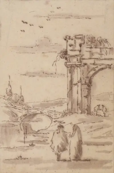 Två figurer i ett landskap med ruiner av Francesco Guardi