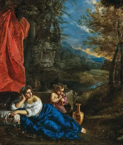 Flora and the Infant Bacchus in a wooded landscape av Pier Francesco Mola