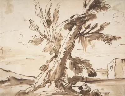 Landscape with Two Men Under a Tree. av Pier Francesco Mola