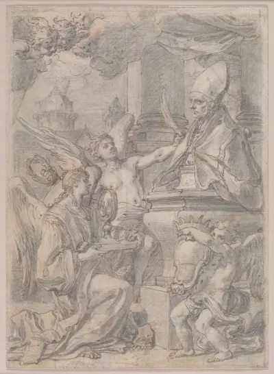 Drawing for a Frontispiece, Bust of Saint Gennaro Adored by Angels av Francesco Solimena