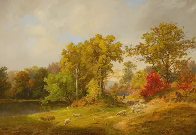 Autumn Landscape With Shepherd, Dog And Sheep av Jasper Francis Cropsey