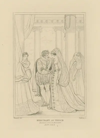 Merchant of Venice, act 3, scene 2 … Bassanio, Portia, and Attendants av William Francis Starling
