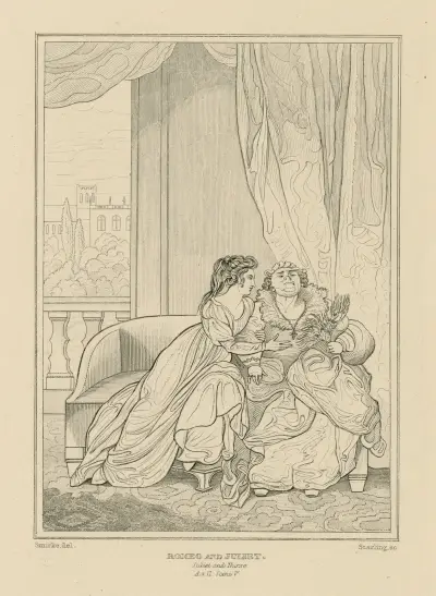 Romeo and Juliet, Juliet and nurse, act II, scene V av William Francis Starling