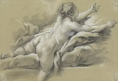 Naken kvinna som sträcker sig åt höger av François Boucher