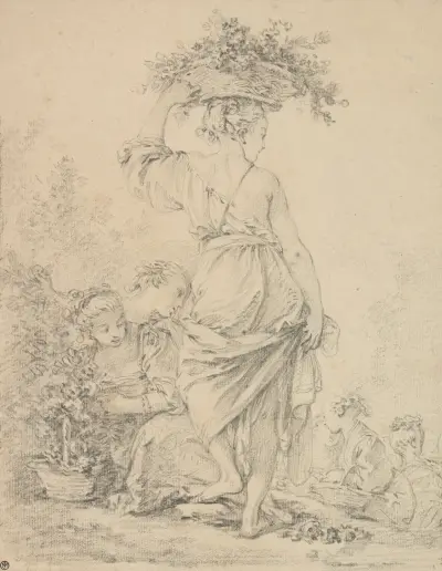Ung kvinna som plockar blommor med flera andra ('La Jardinière') av François Boucher