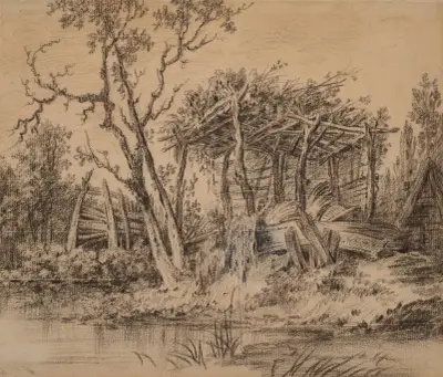 Ett träskjul i pittoreskt förfall vid en flod av François Boucher