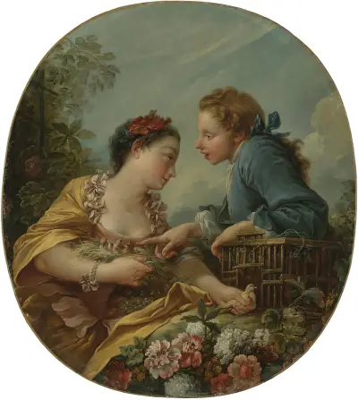 A Young Woman And Youth Placing Young Birds In A Cage; ‘the Bird Nesters’ av François Boucher