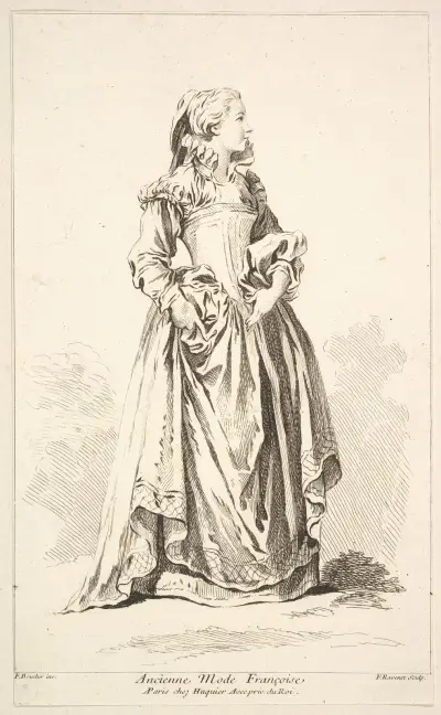 Fransk modedräkt i äldre stil, blad 4 av François Boucher