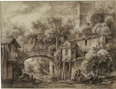 Arkitekturcapriccio med kvarnen i Quiquengrogne vid Charenton av François Boucher