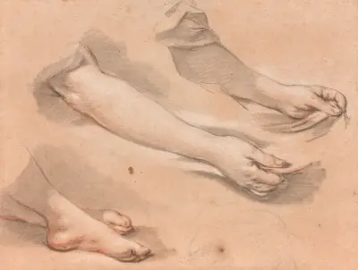 Arm som håller ett tygstycke och två korsade fötter, studie till 'Världens ljus' av François Boucher