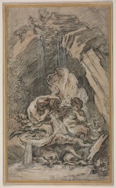 Fontän med två tritoner som blåser i snäckskal av François Boucher