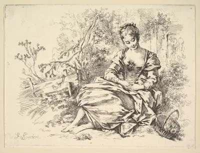 Mädchen in einer Landschaft mit Blumenkorb von François Boucher
