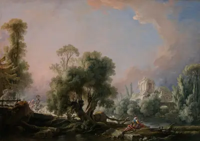 Idyllic Landscape with Woman Fishing av François Boucher
