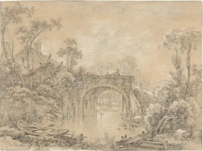 Landskap med en lantlig bro av François Boucher