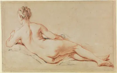 Liggande kvinnlig akt, stödd på vänster arm, sedd bakifrån av François Boucher