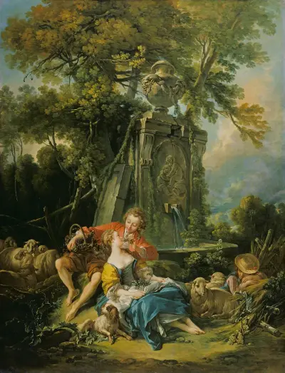 Pastoral with a Couple near a Fountain av François Boucher