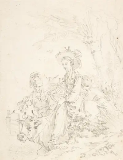 Bondflicka ridande på oxe med sällskap av François Boucher