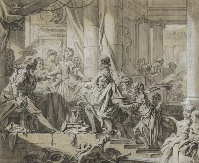 Sancho flyr från hertigens tjänare av François Boucher