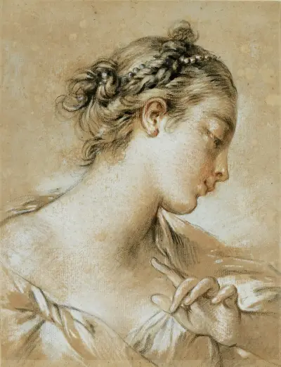 Studie av huvudet på en ung flicka med pärlor i håret av François Boucher