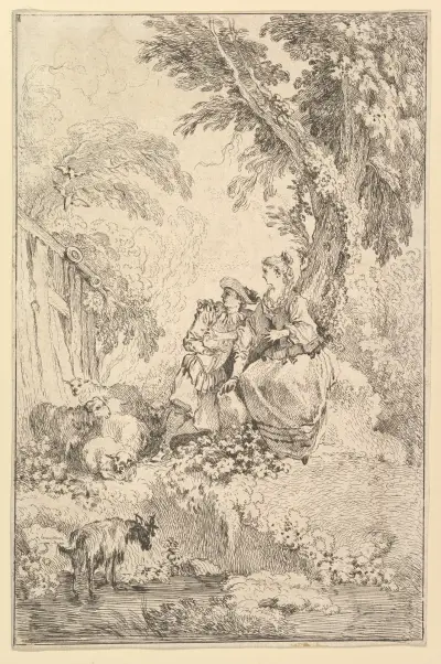 Överraskat ungt par under ett träd av François Boucher
