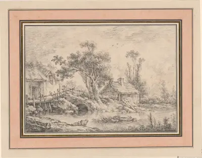 Halmtäckt kvarnstuga och skjul med två träd vid en bäck av François Boucher