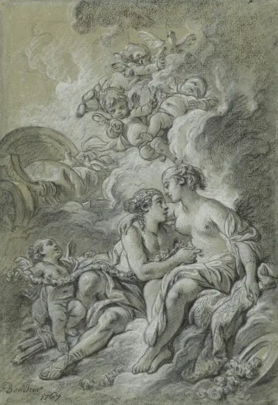Venus appuyee sur son cher Adonis … av François Boucher