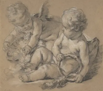 Bevingade putti med blommor av François Boucher