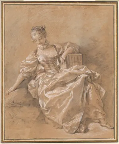 Ung flicka med fågelbur av François Boucher