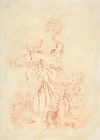 Ung flicka med pojke och hund av François Boucher
