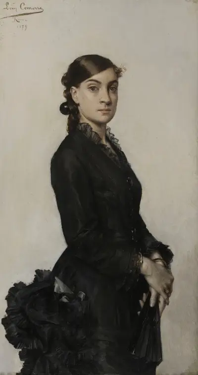 Portrait de Jacqueline Comerre-Paton en robe noire av Léon François Comerre