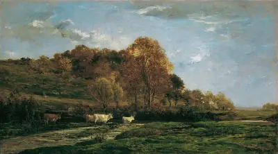 Höstligt flodlandskap i kvällsstämning av Charles François Daubigny