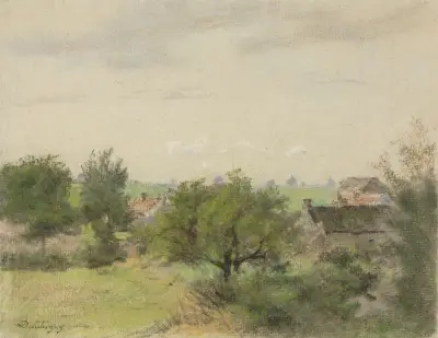 Landskap med hus bland träd av Charles François Daubigny