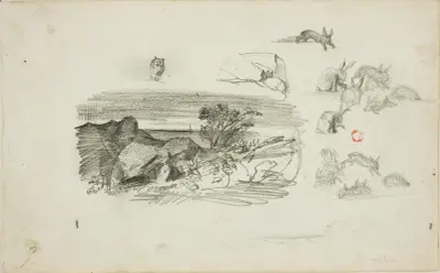 Skisser; stenig backe och kaniner av Charles François Daubigny