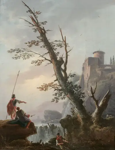 Soldaten und Fischer in einer Wasserfalllandschaft von Charles François Daubigny
