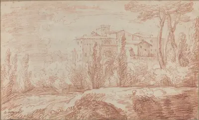 An Italian Walled Town Seen through Trees av François Lemoyne