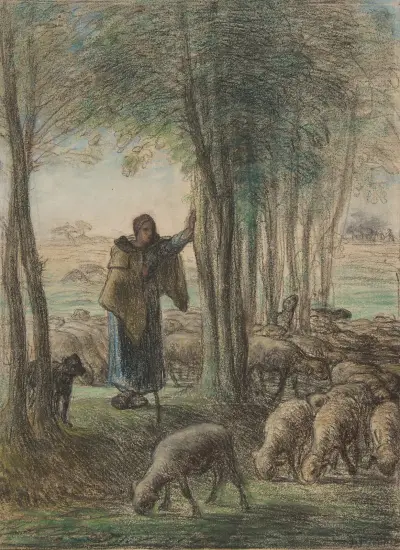 Pastýřka a její stádo ve stínu stromů, Jean-François Millet