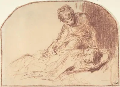 A Young Man Seated, Bent over a Reclining Figure av Jean-François Millet