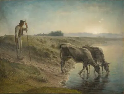 Peasant Watering his cows on the bank of the Allier River, dusk av Jean-François Millet