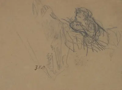 Young Boy Reclining on Elbows, Admiring a Shepherdess av Jean-François Millet