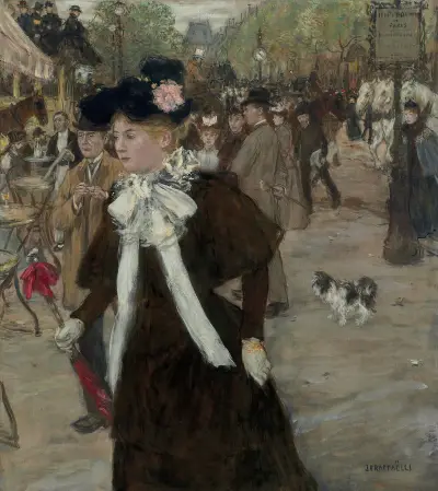 Élégante sur le Boulevard des Italiens, Paris av Jean François Raffaëlli