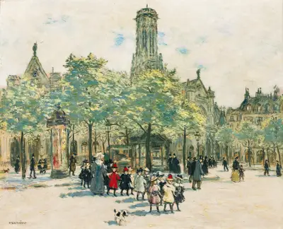Flickor framför Saint-Germain-l'Auxerrois av Jean François Raffaëlli