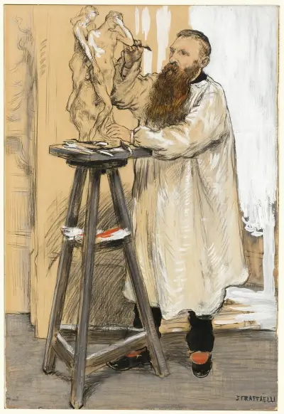 Porträtt av skulptören Auguste Rodin i hans ateljé av Jean François Raffaëlli
