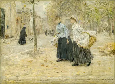 Två tvätterskor korsar en liten park i Paris av Jean François Raffaëlli